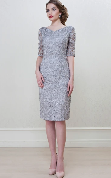 Lace Knee-Length Mother of the Bride Dress with V-Neck and Split Sleeves