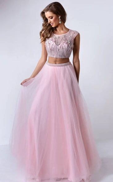 Lace and Beading A-Line Tulle Formal Dress with Scoop-Neck and Illusion Design