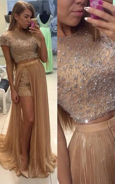 Short Sleeve Two-Piece Prom Dress with Beading