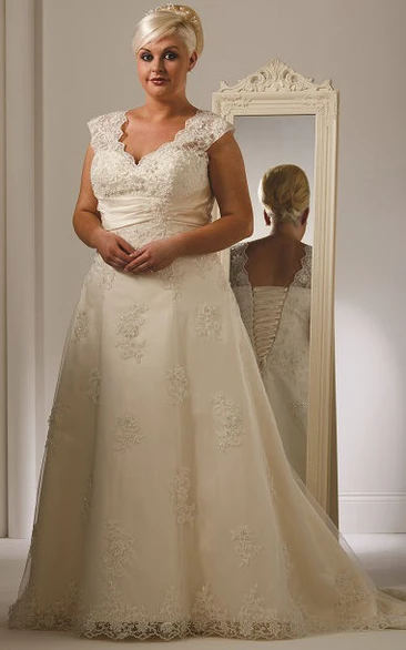 Lace Plus Size Wedding Dress with Scalloped V-Neck and Lace-Up Back