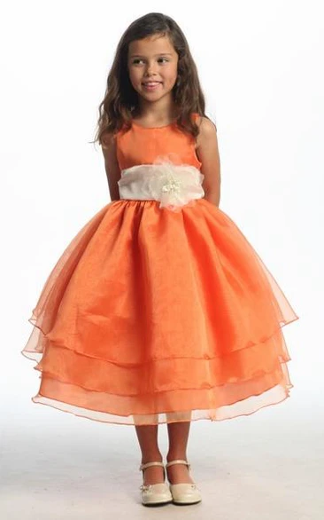 Tiered Tea-Length Organza Flower Girl Dress Simple and Chic