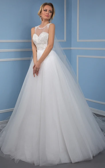 Appliqued Scoop Tulle Wedding Dress with Illusion Back Maxi Ball Gown