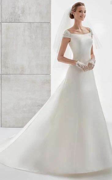 A-line Wedding Dress with Simple Cap-Sleeves Satin Fabric Brush Train and Lace Straps