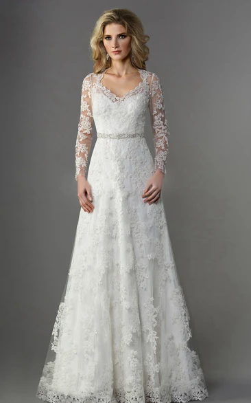 V-Neck A-Line Wedding Dress with Long Sleeves and Illusion Appliques