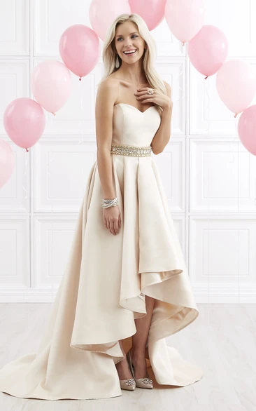 Sweetheart A-Line High-Low Satin Dress with Waist Jewelry Formal Dress