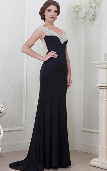 Long Beaded Jersey Evening Dress with Cap Sleeves and V-Neck