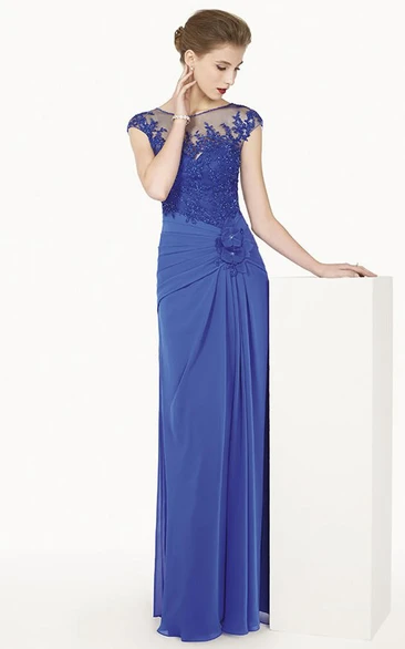 Chiffon Cap Sleeve Formal Dress with Appliqued Top and Waist Flower