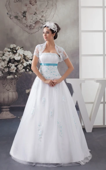 Lace Applique Tulle Strapless Wedding Dress with Bolero A-Line and Classy