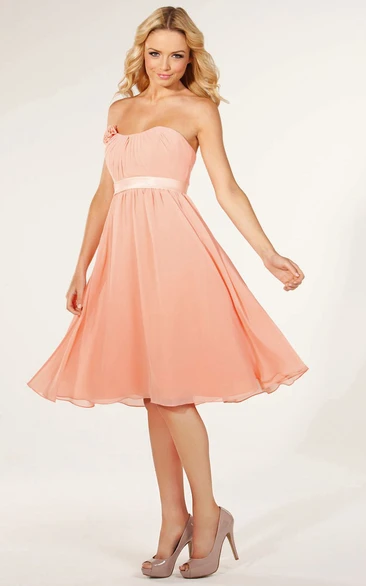 Floral Strapless Chiffon Bridesmaid Dress Knee-Length with Ruching and Lace-Up