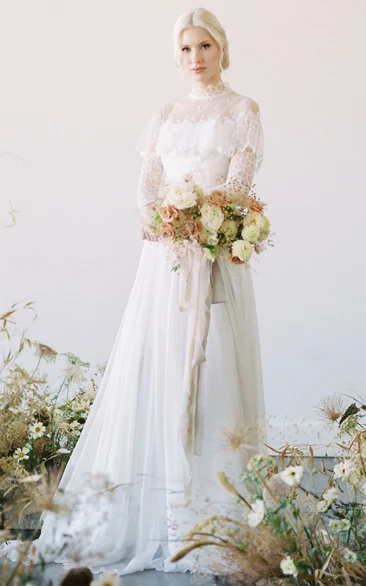 Long Sleeved A-Line Tulle Wedding Dress with High Neck Casual Wedding Dress