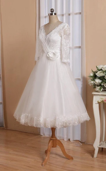 Button Back Tulle Wedding Dress Half Sleeve V-Neck with Sash and Flower