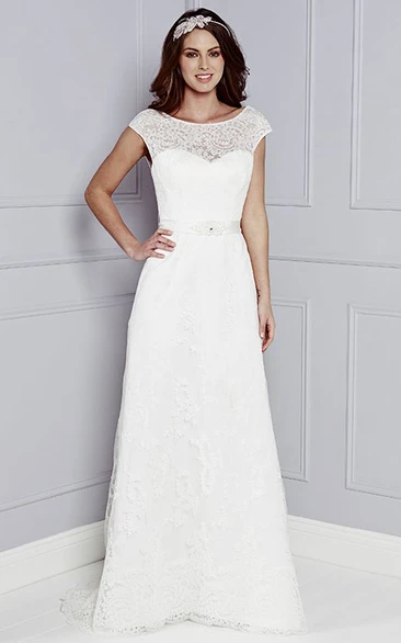 Lace Cap-Sleeve Floor-Length Wedding Dress with Bow and Scoop-Neck