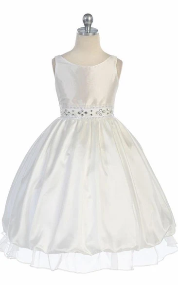 Sleeveless Tea-Length Taffeta Flower Girl Dress Bowed Style