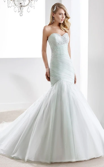 Mermaid Wedding Gown with Pleated Details Sweetheart Beaded & Open Back