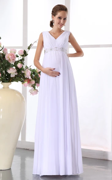 Empire Maternity Wedding Gown Chiffon V-Neck with Beaded Waist Elegant Bridal Dress