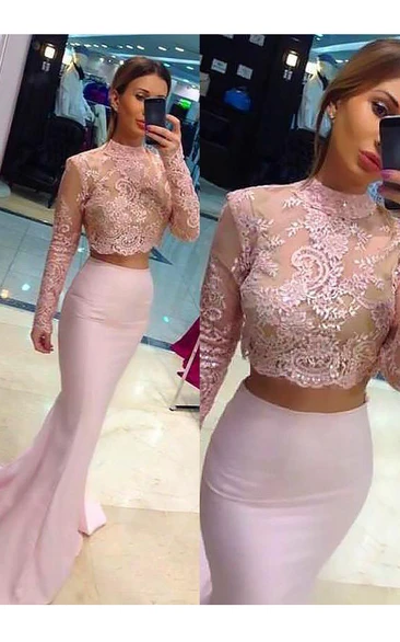 Two-Piece Satin Lace Mermaid Dress with Long Sleeves