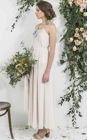Strapped Sleeveless Chiffon Bridesmaid Dress with Ankle-Length Hem and Ribbon