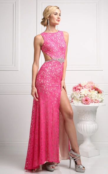 Backless Lace Sheath Jewel-Neck Formal Dress with Front Split and Waist Jewelry