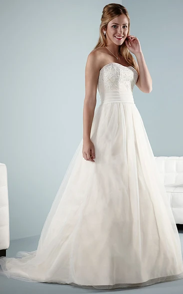 Appliqued Satin A-Line Wedding Dress with Court Train and Low-V Back