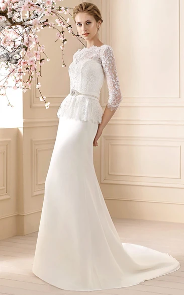 Jewel-Neck 3-4-Sleeve Lace Sheath Wedding Dress with Waist Jewelry