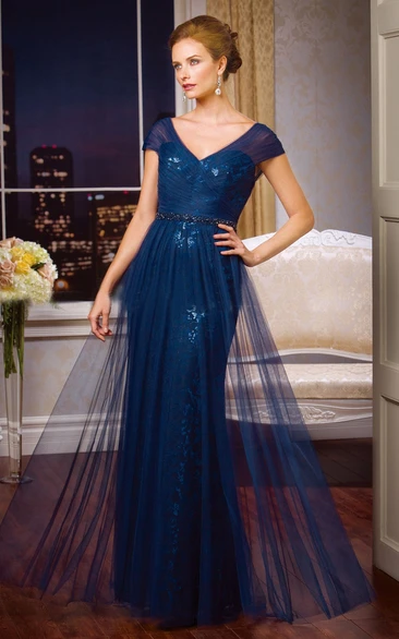 V-Neck Sequin and Tulle Overlay MOB Dress with Cap Sleeves Glamorous Mother of the Bride Dress