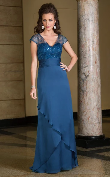 Ruffled V-Neck Mother of the Bride Dress with Cap Sleeves Flowy Formal Dress