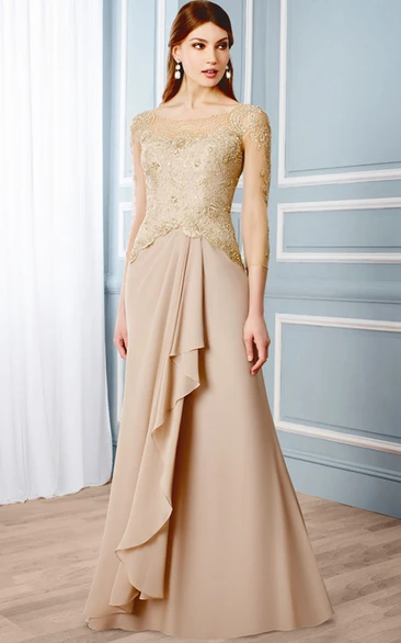 Scoop Neck Draped Chiffon Prom Dress with 3/4 Sleeves