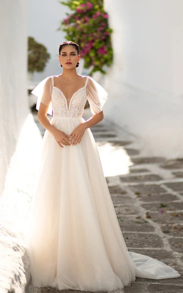A-Line Plunging V-neck Elegant Floor Length Bride Wedding Dress with Cathedral Train Zipper Back