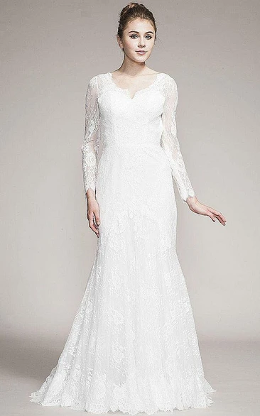 Long-Sleeve Lace Wedding Dress with V-Neck and Brush Train