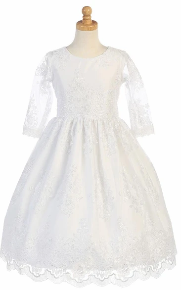 Long-Sleeve Tea-Length Flower Girl Dress with Tiered Tulle and Lace Embroidery