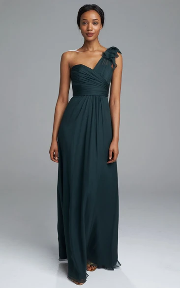 One-Shoulder Chiffon Bridesmaid Dress with Ruched Epaulet Sleeveless Maxi Sheath