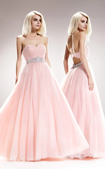 Sweetheart Tulle Backless A-Line Formal Dress with Criss Cross and Waist Jewelry