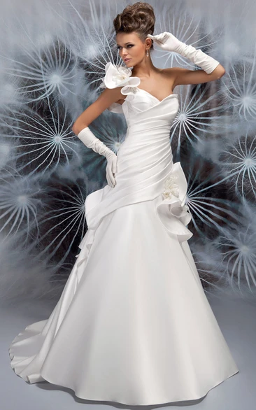 One-Shoulder Sleeveless Satin Wedding Dress with Floral Maxi Design A-Line Style