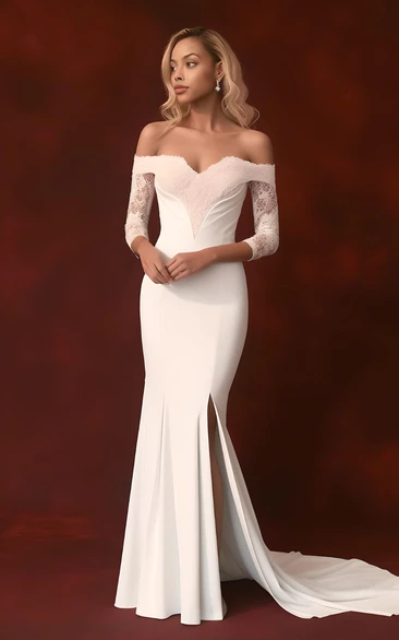 Sexy Lace Mermaid Wedding Dress with Off-the-shoulder Split Front Garden Train