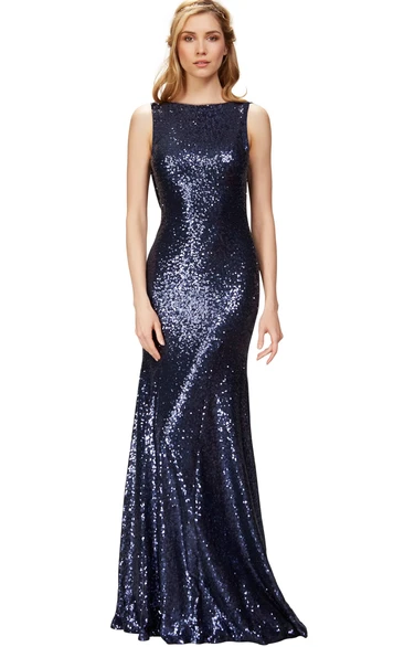 Sequin Mermaid Bridesmaid Dress with Bateau Neck and Brush Train