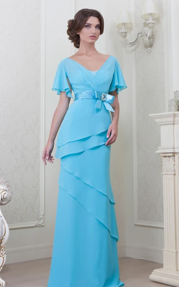 Floor-Length V-Neck Chiffon Bridesmaid Dress with Poet-Sleeves Bows and Tiers