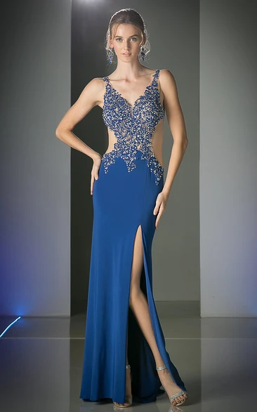 Sleeveless Sheath Prom Dress with Front Split and Beading