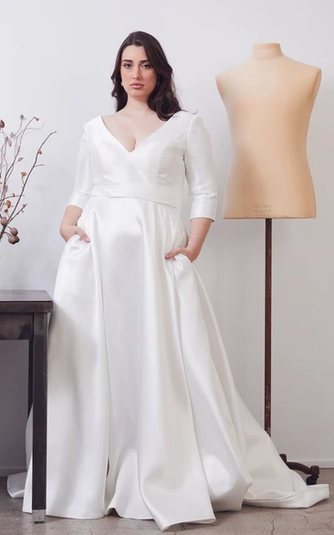 Satin V-Neck A-Line Wedding Dress with Pockets Modern Style