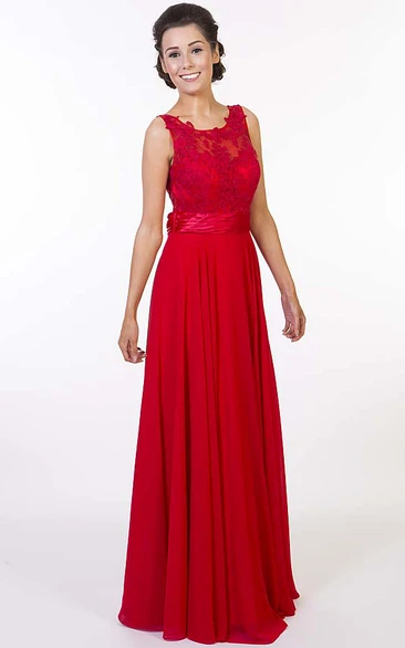 A-Line Maxi Chiffon Prom Dress with Appliqued Scoop Neck and Keyhole Back