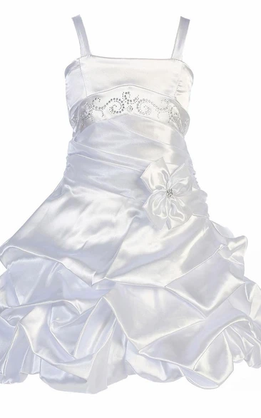 Pleated Beaded Satin Floral Midi Flower Girl Dress with Tiers Flowy Wedding Dress