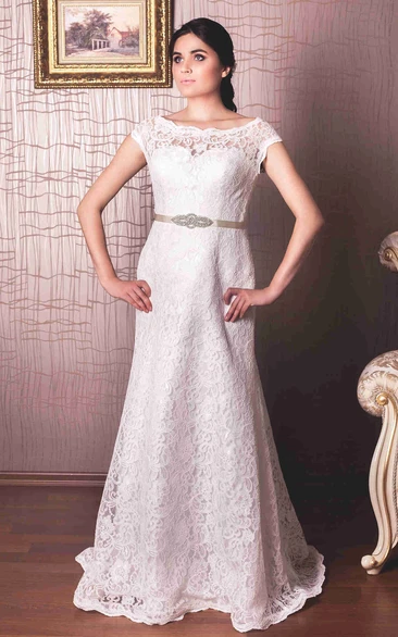 Lace Cap-Sleeve Wedding Dress with Waist Jewellery Sheath Style