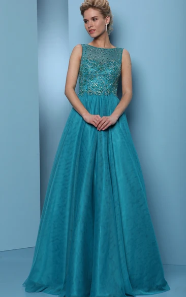 Beaded A-Line Prom Dress with Jewel-Neck and Pleats