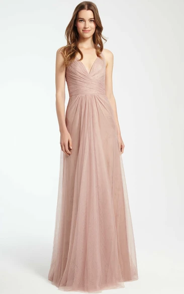 Maxi Tulle Bridesmaid Dress with Criss-Cross V-Neck and Flowy Skirt Classy Dress
