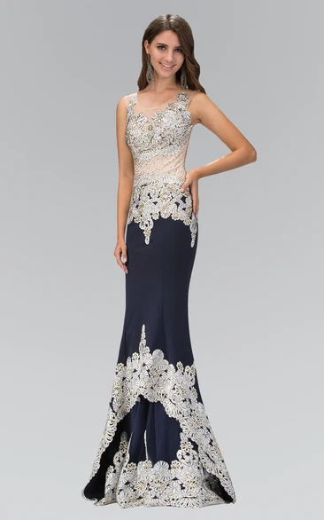 Sleeveless Sheath Dress with Illusion Detail Appliques and Sequins