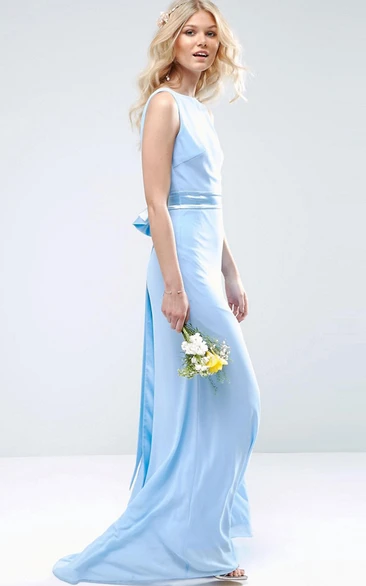 High Neck Sleeveless Chiffon Bridesmaid Dress with Bow Sheath Style