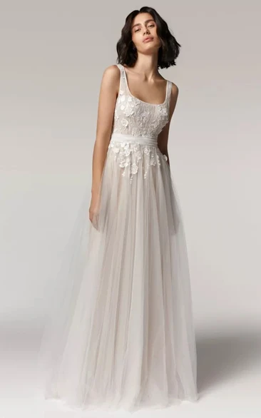 Tulle A Line Wedding Dress with Appliques Simple Scoop Neckline Open Back