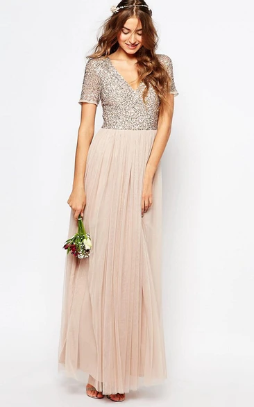 V-Neck Sequined Tulle Bridesmaid Dress with Pleats Ankle-Length