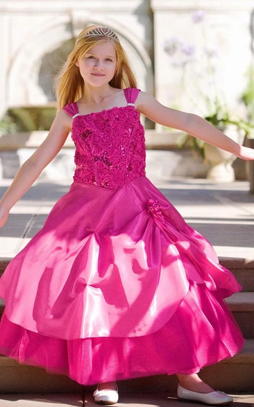 Beaded Tulle&Lace Flower Girl Dress with Sash Ankle-Length Wedding Dress 2024