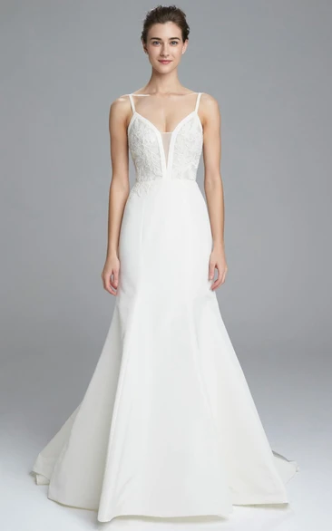 Spaghetti Lace A-Line Satin Wedding Dress Timeless Bridal Gown