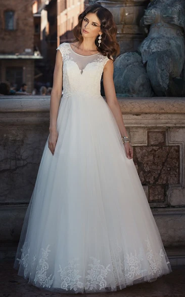 Cap-Sleeve Tulle A-Line Wedding Dress with Appliques Modern Bridal Gown